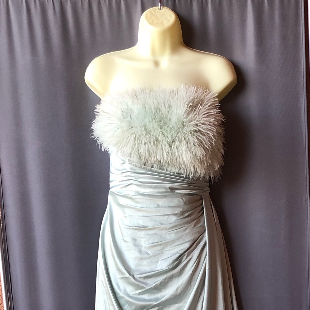 Mac Duggal Mint Green Feathered Strapless Maxi Dress - Picture 6 of 12